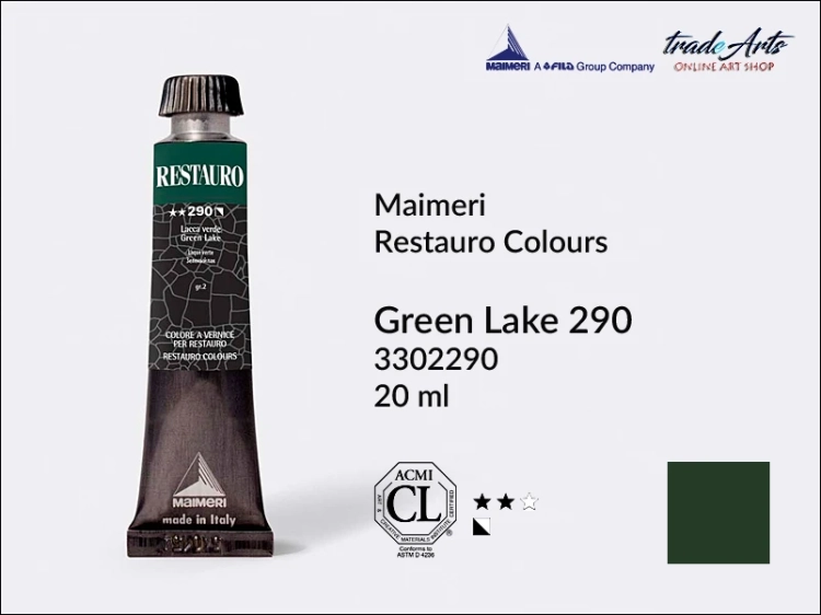 Restauro Varnish Colours Green Lake 290 tube 20 ml, farba mastyksowa Maimeri Restauro Green Lake 290 tuba 20 ml, Maimeri Restauro farby konserwatorskie mastyksowe, farby konserwatorskie Restauro, farby mastyksowe, Restauro,