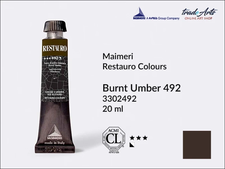 Restauro Varnish Colours Burnt Umber 492 tube 20 ml, farba mastyksowa Maimeri Restauro Burnt Umber 492 tuba 20 ml, Maimeri Restauro farby konserwatorskie mastyksowe, farby konserwatorskie Restauro, farby mastyksowe, Restauro,