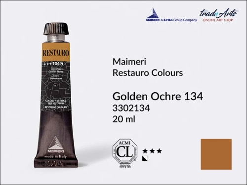 Restauro Varnish Colours Golden Ochre 134 tube 20 ml, farba mastyksowa Maimeri Restauro Golden Ochre 134 tuba 20 ml, Maimeri Restauro farby konserwatorskie mastyksowe, farby konserwatorskie Restauro, farby mastyksowe, Restauro,