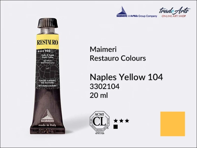 Restauro Varnish Colours Naples Yellow 104 tube 20 ml, farba mastyksowa Maimeri Restauro Naples Yellow 104 tuba 20 ml, Maimeri Restauro farby konserwatorskie mastyksowe, farby konserwatorskie Restauro, farby mastyksowe, Restauro,