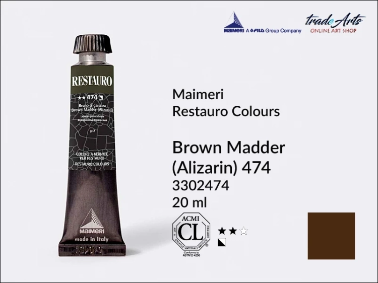 Restauro Varnish Colours Brown Madder Alizarin 474 tube 20 ml, farba mastyksowa Maimeri Restauro Brown Madder Alizarin 474 tuba 20 ml, Maimeri Restauro farby konserwatorskie mastyksowe, farby konserwatorskie Restauro, farby mastyksowe, Restauro,