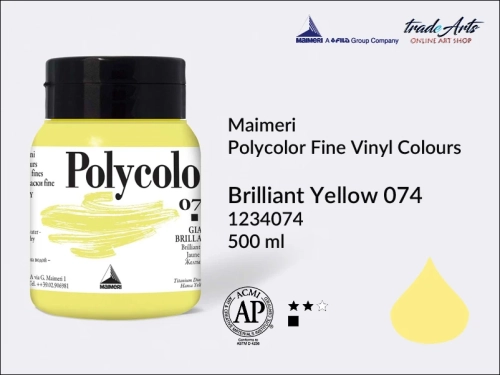 Maimeri Polycolor Fine Vinyl Colours Brilliant Yellow 074 opak. 500 ml, Maimeri Polycolor Fine Vinyl Colours - farby akrylowe opak. 500 ml, farby akrylowe Maimeri Polycolor, farby akrylowe, Polycolor,