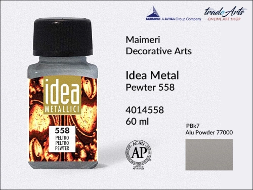 Maimeri Idea Metal płynna farba metaliczna Pewter 558 opak. 60 ml,  Maimeri Idea Metal  płynne farby metaliczne 60 ml, Maimeri Idea Metal liquid metallic colours 60 ml,  farby metaliczne w płynie, metal,