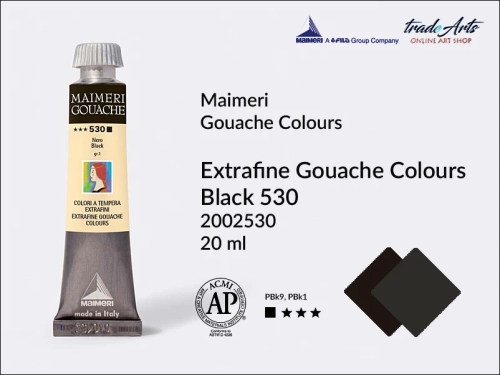 Maimeri Gouache Extrafine farba gwaszowa Black 530 tuba 20 ml,  farby gwaszowe Maimeri Gouache Extrafine w tubach 20 ml, gwasze Gouache Extrafine, farby gwaszowe, gwasze, farba gwaszowa Maimeri Gouache Extrafine kolor Black 530,
