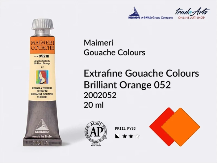 Maimeri Gouache Extrafine farba gwaszowa Brilliant Orange 052 tuba 20 ml,  farby gwaszowe Maimeri Gouache Extrafine, gwasze Gouache Extrafine, farby gwaszowe, gwasze, farba gwaszowa Maimeri Gouache Extrafine kolor Brilliant Orange 052,