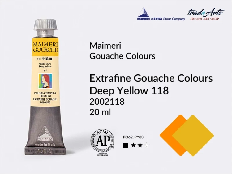 Maimeri Gouache Extrafine farba gwaszowa Deep Yellow 118 tuba 20 ml,  farby gwaszowe Maimeri Gouache Extrafine, gwasze Gouache Extrafine, farby gwaszowe, gwasze, farba gwaszowa Maimeri Gouache Extrafine kolor Deep Yellow 118,