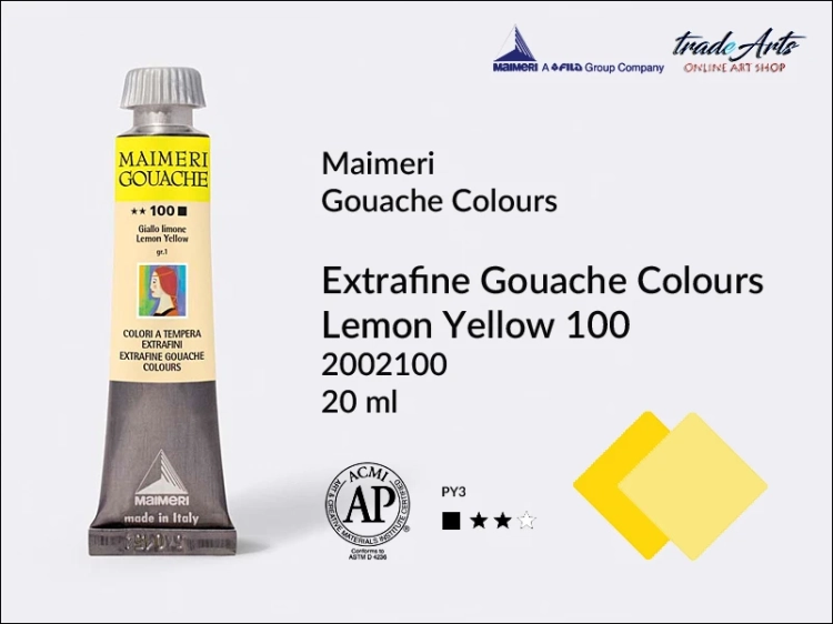 Maimeri Gouache Extrafine farba gwaszowa Lemon Yellow 100  tuba 20 ml,  farby gwaszowe Maimeri Gouache Extrafine, gwasze Gouache Extrafine, farby gwaszowe, gwasze, farba gwaszowa Maimeri Gouache Extrafine kolor Lemon Yellow 100,