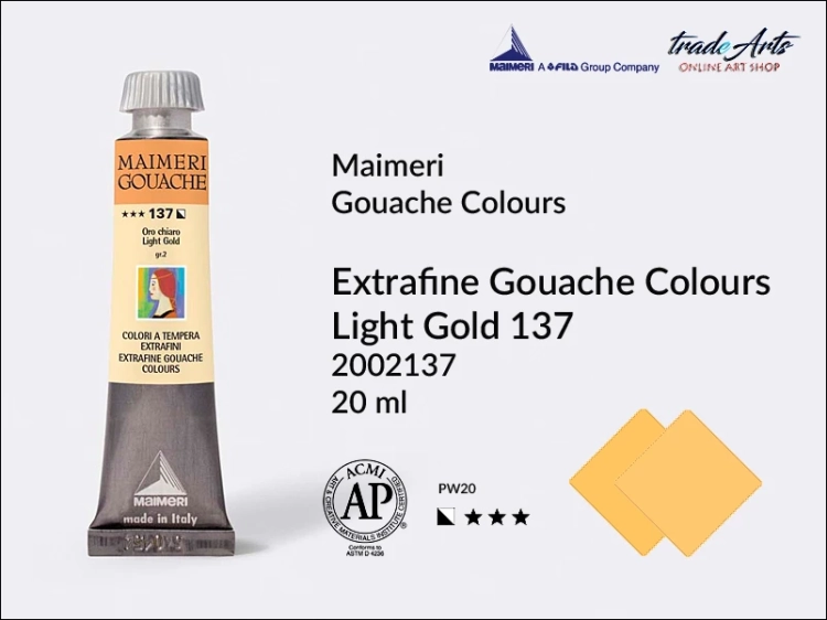 Maimeri Gouache Extrafine farba gwaszowa Light Gold 137 tuba 20 ml,  farby gwaszowe Maimeri Gouache Extrafine, gwasze Gouache Extrafine, farby gwaszowe, gwasze, farba gwaszowa Maimeri Gouache Extrafine kolor Light Gold 137,