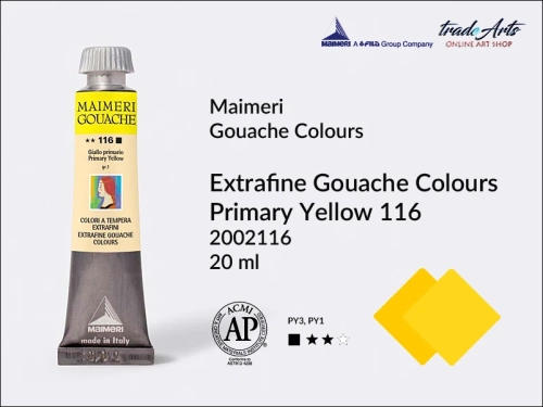 Maimeri Gouache Extrafine farba gwaszowa Primary Yellow 116  tuba 20 ml,  farby gwaszowe Maimeri Gouache Extrafine, gwasze Gouache Extrafine, farby gwaszowe, gwasze, farba gwaszowa Maimeri Gouache Extrafine kolor Primary Yellow 116,