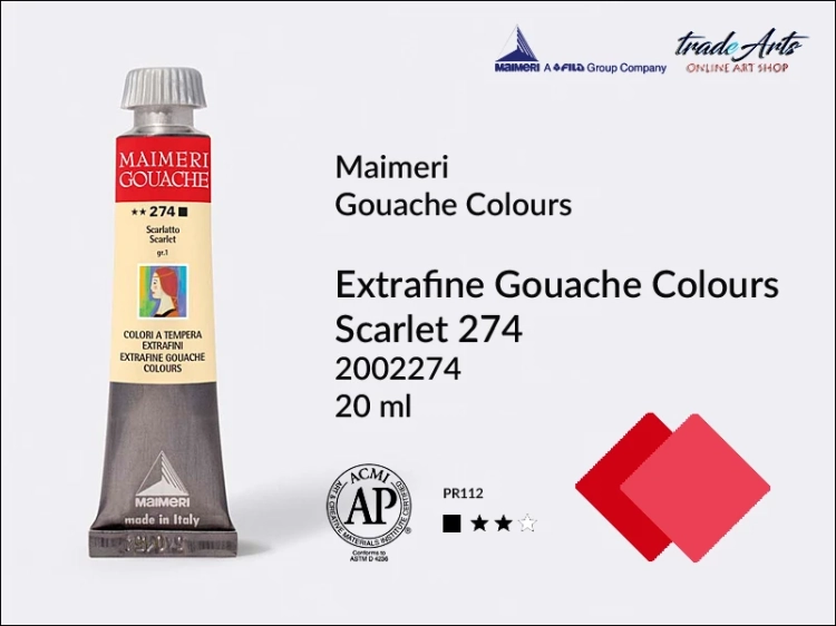 Maimeri Gouache Extrafine farba gwaszowa Scarlet 274  tuba 20 ml,  farby gwaszowe Maimeri Gouache Extrafine, gwasze Gouache Extrafine, farby gwaszowe, gwasze, farba gwaszowa Maimeri Gouache Extrafine kolor Scarlet 274,