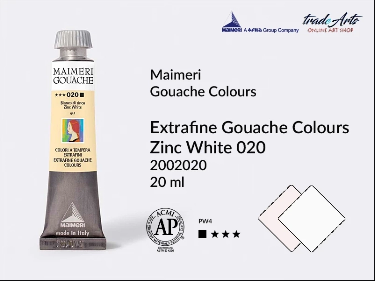 Maimeri Gouache Extrafine farba gwaszowa Zinc White 020 tuba 20 ml,  farby gwaszowe Maimeri Gouache Extrafine, gwasze Gouache Extrafine, farby gwaszowe, gwasze, farba gwaszowa Maimeri Gouache Extrafine kolor Zinc White 020,