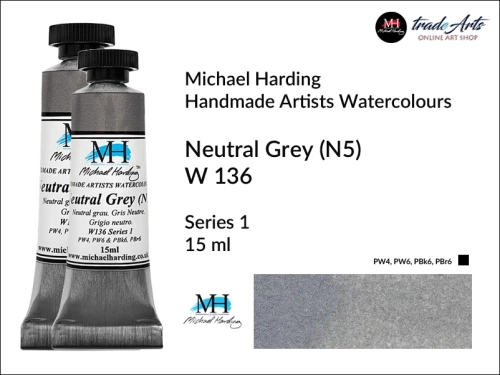 MH Professional Watercolours Neutral Grey N5 W136 tuba 15 ml, farba akwarelowa  w tubie Neutral Grey N5 W136 Michael Harding, farby akwarelowe w tubach 15 ml Michael Harding, akwarele Michael Harding, farba, farba akwarelowa,