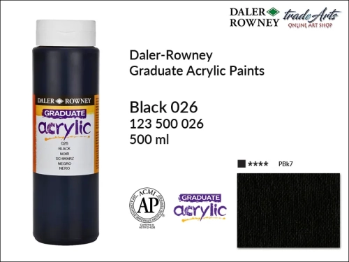 Daler-Rowney Graduate Acrylic Black 026 opak. 500 ml, Graduate Acrylic Titanium White 011 Black 026 opak. 500 ml, farba akrylowa Black 026 opak. Graduate Acrylic tuba 500 ml, farby akrylowe Graduate Acrylic, farby akrylowe Daler-Rowney,