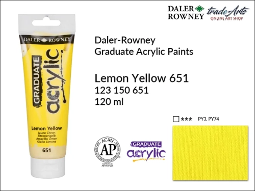 Daler-Rowney Graduate Acrylic Lemon Yellow 651 tuba 120 ml, Graduate Acrylic Lemon Yellow 651 Daler-Rowney tuba 120 ml, farba akrylowa Lemon Yellow 651 Graduate Acrylic tuba 120 ml, farby akrylowe Graduate Acrylic, farby akrylowe Daler-Rowney,