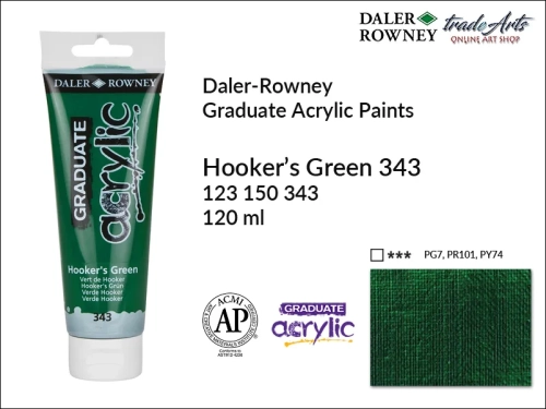 Daler-Rowney Graduate Acrylic Hooker's Green 343 tuba 120 ml, Graduate Acrylic Hooker's Green 343 Daler-Rowney tuba 120 ml, farba akrylowa Hooker's Green 343 Graduate Acrylic tuba 120 ml, farby akrylowe Daler-Rowney,