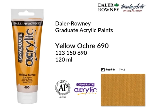 Daler-Rowney Graduate Acrylic Yellow Ochre 690 tuba 120 ml, Graduate Acrylic Yellow Ochre 690 Daler-Rowney tuba 120 ml, farba akrylowa Yellow Ochre 690 Graduate Acrylic tuba 120 ml, farby akrylowe Daler-Rowney,