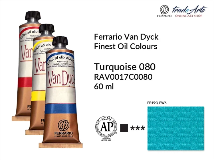 Van Dyck Oil Ferrario Finest Oil Colour - Turquoise 080, farba olejna Van Dyck Oil Ferrario - Turquoise 080 tuba 60 ml, Van Dyck Ferrario farba olejna tuba 60 ml, farby, farby olejne, Van Dyck Ferrario,