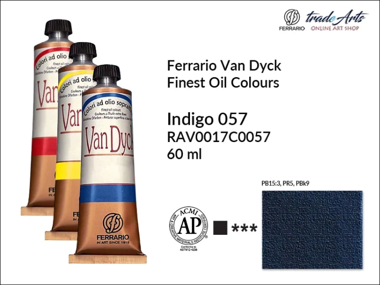 Van Dyck Oil Ferrario Finest Oil Colour - Indigo 057, farba olejna Van Dyck Oil Ferrario - Indigo 057 tuba 60 ml, Van Dyck Ferrario farba olejna tuba 60 ml, farby, farby olejne, Van Dyck Ferrario,
