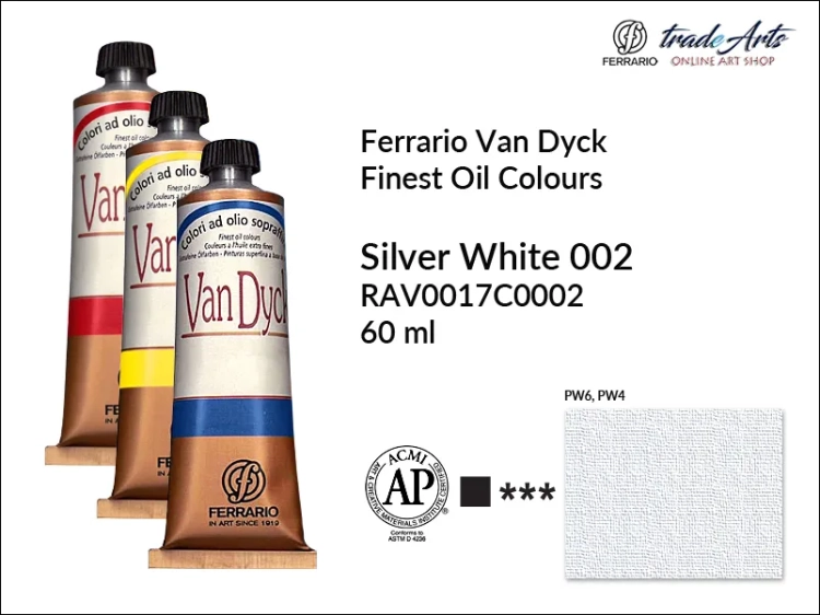 Van Dyck Oil Ferrario Finest Oil Colour - Silver White 002,
farba olejna Van Dyck Oil Ferrario - Silver White 002 tuba 60 ml, Van Dyck Ferrario farba olejna tuba 60 ml, farby, farby olejne, Van Dyck Ferrario,
