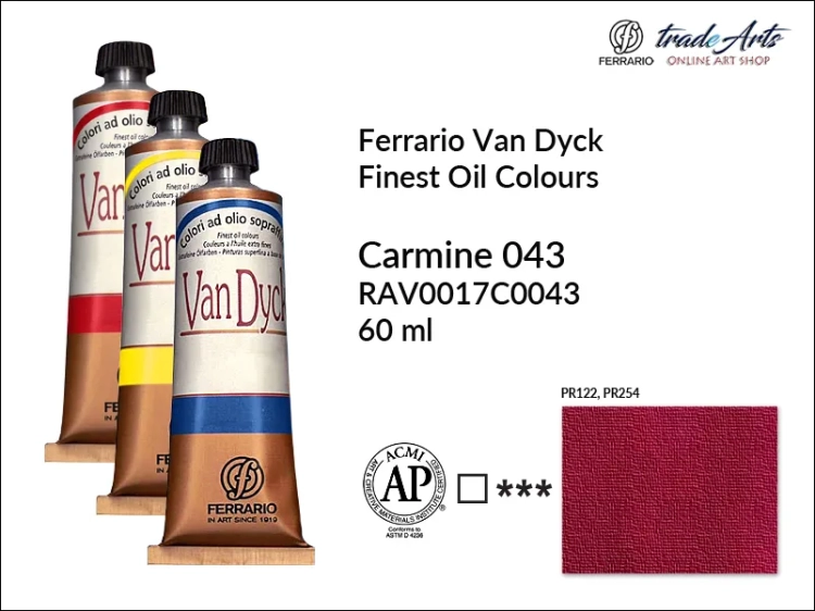 Van Dyck Oil Ferrario Finest Oil Colour - Carmine 043,
farba olejna Van Dyck Oil Ferrario - Carmine 043 tuba 60 ml, Van Dyck Ferrario farba olejna tuba 60 ml, farby, farby olejne, Van Dyck Ferrario,
