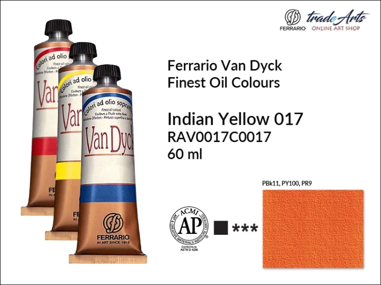 Van Dyck Oil Ferrario Finest Oil Colour - Indian Yellow 017,
farba olejna Van Dyck Oil Ferrario - Indian Yellow 017 tuba 60 ml, Van Dyck Ferrario farba olejna tuba 60 ml, farby, farby olejne, Van Dyck Ferrario,