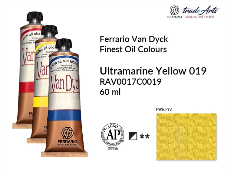 Van Dyck Oil Ferrario Finest Oil Colour - Ultramarine Yellow 019,
farba olejna Van Dyck Oil Ferrario - Ultramarine Yellow 019 tuba 60 ml, Van Dyck Ferrario farba olejna tuba 60 ml, farby, farby olejne, Van Dyck Ferrario,
