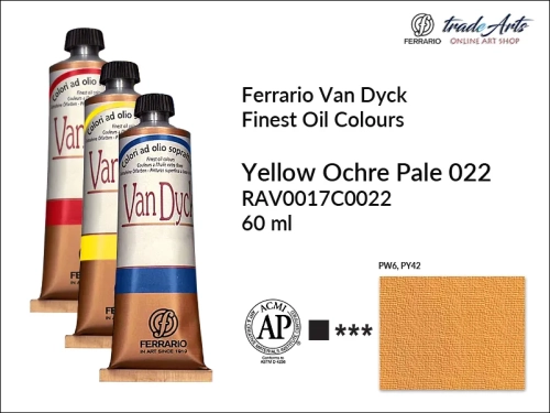 Van Dyck Oil Ferrario Finest Oil Colour - Yellow Ochre Pale 022, farba olejna Van Dyck Oil Ferrario - Yellow Ochre Pale 022 tuba 60 ml, Van Dyck Ferrario farba olejna tuba 60 ml, farby, farby olejne, Van Dyck Ferrario,