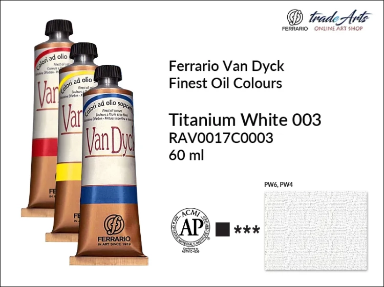 Van Dyck Oil Ferrario Finest Oil Colour - Titanium White 003,
farba olejna Van Dyck Oil Ferrario - Titanium White 003 tuba 60 ml, Van Dyck Ferrario farba olejna tuba 60 ml, farby, farby olejne, Van Dyck Ferrario,