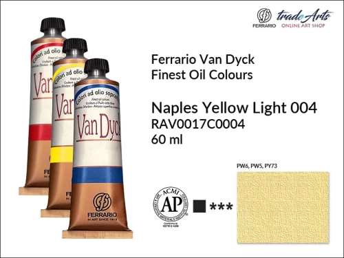 Van Dyck Oil Ferrario Finest Oil Colour - Naples Yellow Light 004,
farba olejna Van Dyck Oil Ferrario - Naples Yellow Light 004 tuba 60 ml, Van Dyck Ferrario farba olejna tuba 60 ml, farby, farby olejne, Van Dyck Ferrario,