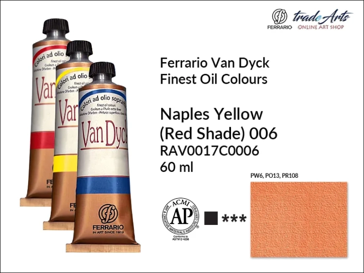 Van Dyck Oil Ferrario Finest Oil Colour - Naples Yellow Red Shade 006, farba olejna Van Dyck Oil Ferrario - Naples Yellow Red Shade 006 tuba 60 ml, Van Dyck Ferrario farba olejna tuba 60 ml, farby, farby olejne, Van Dyck Ferrario,