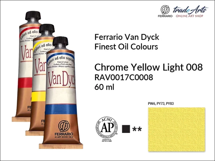 Van Dyck Oil Ferrario Finest Oil Colour - Chrome Yellow Light 008, farba olejna Van Dyck Oil Ferrario - Chrome Yellow Light 008 tuba 60 ml, Van Dyck Ferrario farba olejna tuba 60 ml, farby, farby olejne, Van Dyck Ferrario,