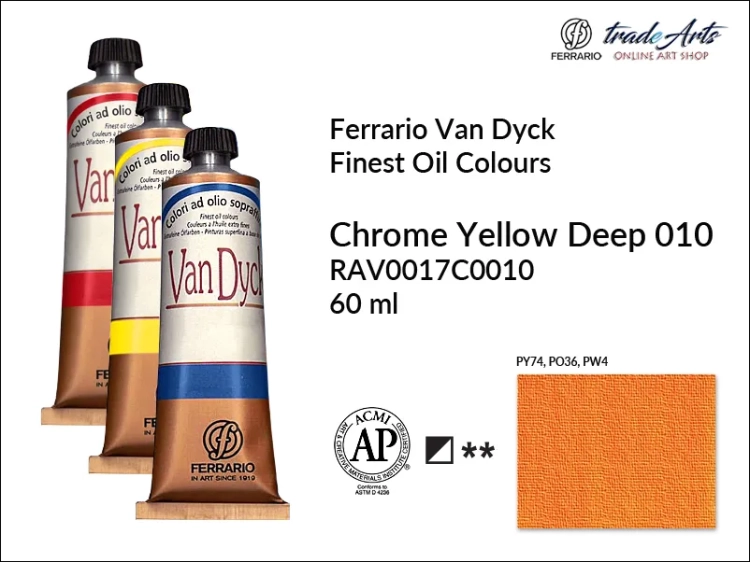 Van Dyck Oil Ferrario Finest Oil Colour - Chrome Yellow Deep 010, farba olejna Van Dyck Oil Ferrario - Chrome Yellow Deep 010 tuba 60 ml, Van Dyck Ferrario farba olejna tuba 60 ml, farby, farby olejne, Van Dyck Ferrario,