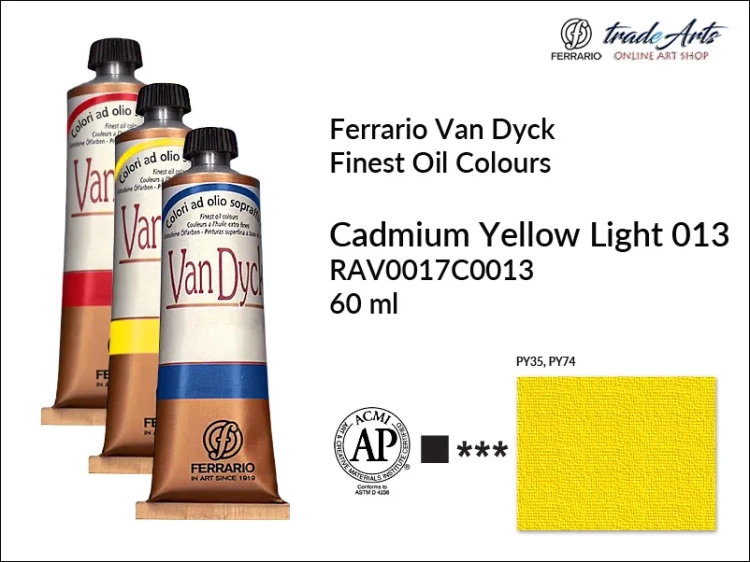 Van Dyck Oil Ferrario Finest Oil Colour - Cadmium Yellow Light 013, farba olejna Van Dyck Oil Ferrario - Cadmium Yellow Light 013 tuba 60 ml, Van Dyck Ferrario farba olejna tuba 60 ml, farby, farby olejne, Van Dyck Ferrario,