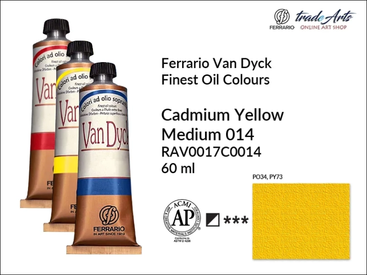 Van Dyck Oil Ferrario Finest Oil Colour - Cadmium Yellow Medium 014, farba olejna Van Dyck Oil Ferrario - Cadmium Yellow Medium 014 tuba 60 ml, Van Dyck Ferrario farba olejna tuba 60 ml, farby, farby olejne, Van Dyck Ferrario,