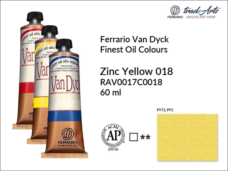 Van Dyck Oil Ferrario Finest Oil Colour - Zinc Yellow 018,
farba olejna Van Dyck Oil Ferrario - Zinc Yellow 018 tuba 60 ml, Van Dyck Ferrario farba olejna tuba 60 ml, farby, farby olejne, Van Dyck Ferrario,