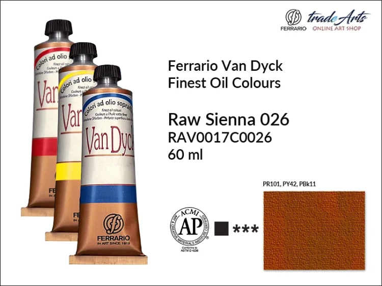 Van Dyck Oil Ferrario Finest Oil Colour - Raw Sienna 026,
farba olejna Van Dyck Oil Ferrario - Raw Sienna 026 tuba 60 ml, Van Dyck Ferrario farba olejna tuba 60 ml, farby, farby olejne, Van Dyck Ferrario,