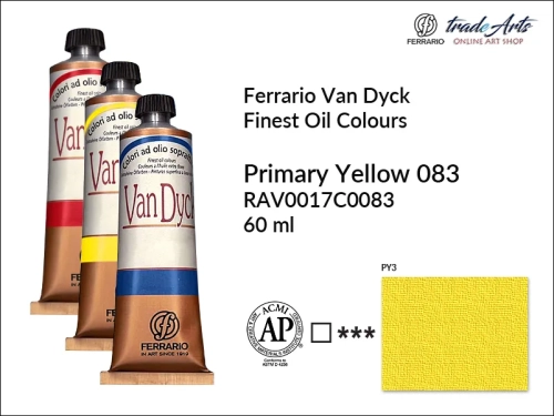 Van Dyck Oil Ferrario Finest Oil Colour - Primary Yellow 083,
farba olejna Van Dyck Oil Ferrario - Primary Yellow 083 tuba 60 ml, Van Dyck Ferrario farba olejna tuba 60 ml, farby, farby olejne, Van Dyck Ferrario,