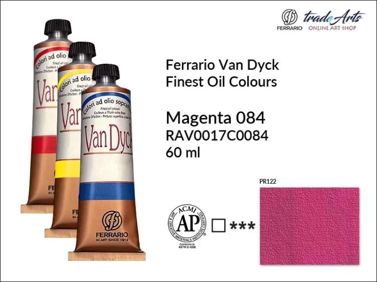 Van Dyck Oil Ferrario Finest Oil Colour - Magenta (Primary) 084,
farba olejna Van Dyck Oil Ferrario - Magenta (Primary) 084 tuba 60 ml, Van Dyck Ferrario farba olejna tuba 60 ml, farby, farby olejne, Van Dyck Ferrario,