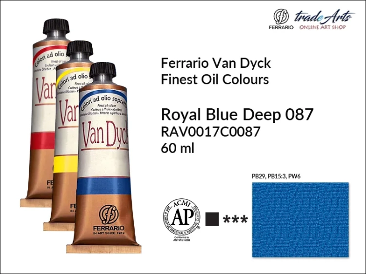 Van Dyck Oil Ferrario Finest Oil Colour - Royal Blue Deep 087, farba olejna Van Dyck Oil Ferrario - Royal Blue Deep 087 tuba 60 ml, Van Dyck Ferrario farba olejna tuba 60 ml, farby, farby olejne, Van Dyck Ferrario,