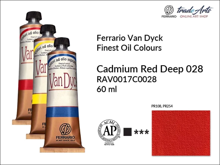 Van Dyck Oil Ferrario Finest Oil Colour - Cadmium Red Deep 028, farba olejna Van Dyck Oil Ferrario - Cadmium Red Deep 028 tuba 60 ml, Van Dyck Ferrario farba olejna tuba 60 ml, farby, farby olejne, Van Dyck Ferrario,