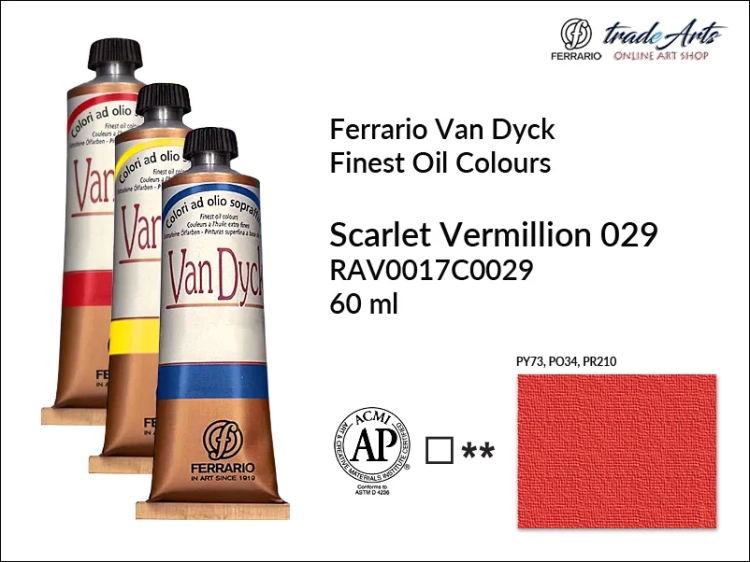 Van Dyck Oil Ferrario Finest Oil Colour - Scarlet Vermilion 029,
farba olejna Van Dyck Oil Ferrario - Scarlet Vermilion 029 tuba 60 ml, Van Dyck Ferrario farba olejna tuba 60 ml, farby, farby olejne, Van Dyck Ferrario,