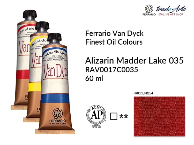 Van Dyck Oil Ferrario Finest Oil Colour - Alizarin Madder Lake 035, farba olejna Van Dyck Oil Ferrario - Alizarin Madder Lake 035 tuba 60 ml, Van Dyck Ferrario farba olejna tuba 60 ml, farby, farby olejne, Van Dyck Ferrario,