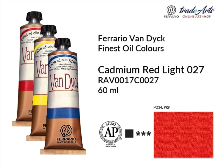 Van Dyck Oil Ferrario Finest Oil Colour - Cadmium Red Light 027, farba olejna Van Dyck Oil Ferrario - Cadmium Red Light 027 tuba 60 ml, Van Dyck Ferrario farba olejna tuba 60 ml, farby, farby olejne, Van Dyck Ferrario,