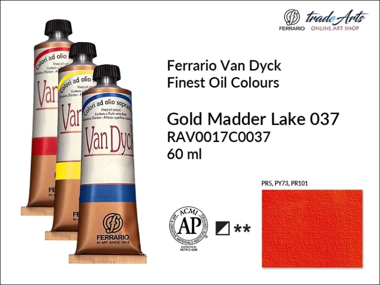 Van Dyck Oil Ferrario Finest Oil Colour - Gold Madder Lake 037, farba olejna Van Dyck Oil Ferrario - Gold Madder Lake 037 tuba 60 ml, Van Dyck Ferrario farba olejna tuba 60 ml, farby, farby olejne, Van Dyck Ferrario,