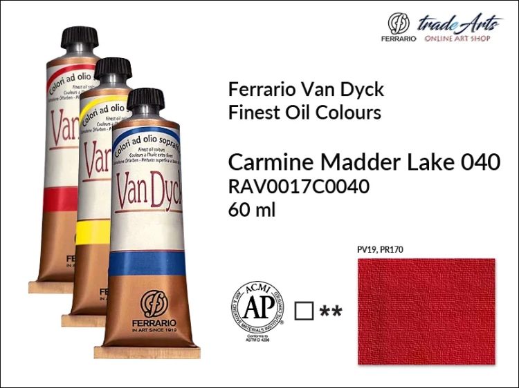 Van Dyck Oil Ferrario Finest Oil Colour - Carmine Madder Lake 040, farba olejna Van Dyck Oil Ferrario - Carmine Madder Lake 040 tuba 60 ml, Van Dyck Ferrario farba olejna tuba 60 ml, farby, farby olejne, Van Dyck Ferrario,
