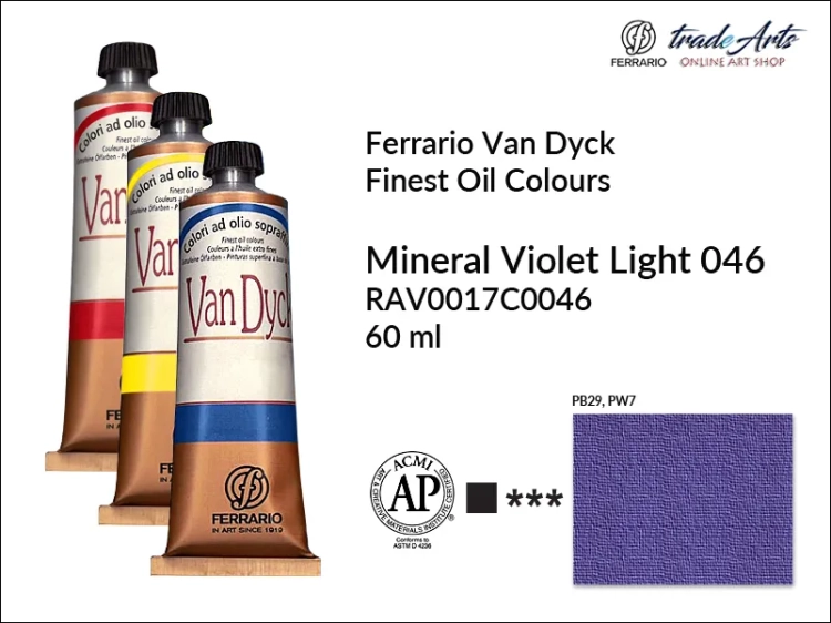 Van Dyck Oil Ferrario Finest Oil Colour - Mineral Violet Light 046, farba olejna Van Dyck Oil Ferrario - Mineral Violet Light 046 tuba 60 ml, Van Dyck Ferrario farba olejna tuba 60 ml, farby, farby olejne, Van Dyck Ferrario,
