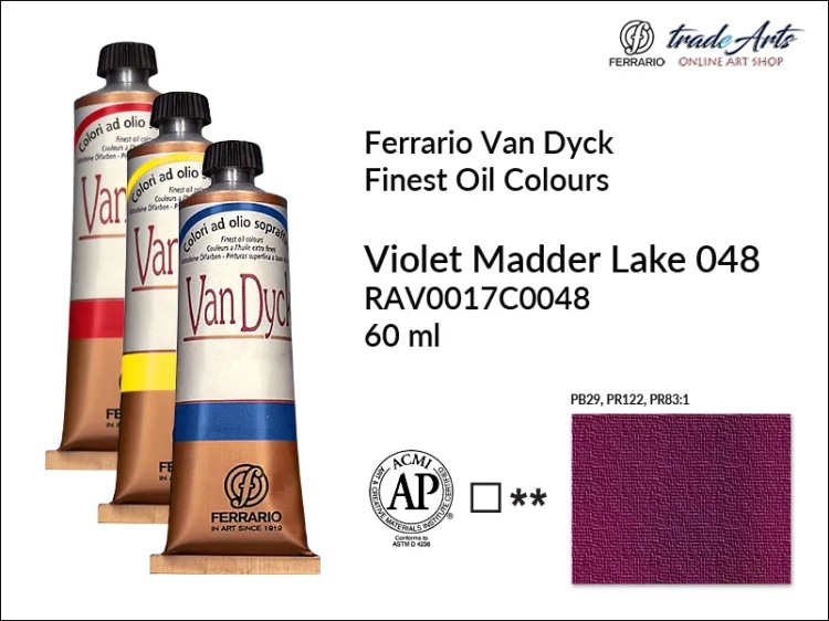 Van Dyck Oil Ferrario Finest Oil Colour - Violet Madder Lake 048, farba olejna Van Dyck Oil Ferrario - Violet Madder Lake 048 tuba 60 ml, Van Dyck Ferrario farba olejna tuba 60 ml, farby, farby olejne, Van Dyck Ferrario,