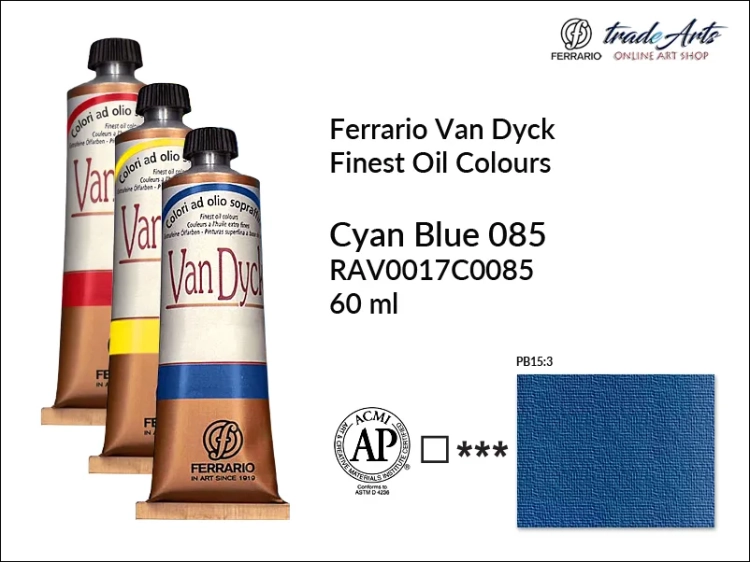 Van Dyck Oil Ferrario Finest Oil Colour - Cyan Blue 085, farba olejna Van Dyck Oil Ferrario - Cyan Blue 085 tuba 60 ml, Van Dyck Ferrario farba olejna tuba 60 ml, farby, farby olejne, Van Dyck Ferrario,
