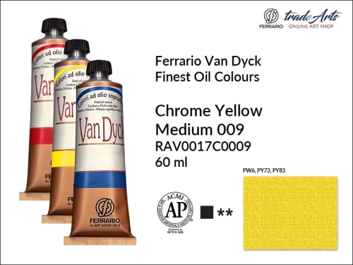 Van Dyck Oil Ferrario Finest Oil Colour - Chrome Yellow Medium 009, farba olejna Van Dyck Oil Ferrario - Chrome Yellow Medium 009 tuba 60 ml, Van Dyck Ferrario farba olejna tuba 60 ml, farby, farby olejne, Van Dyck Ferrario,