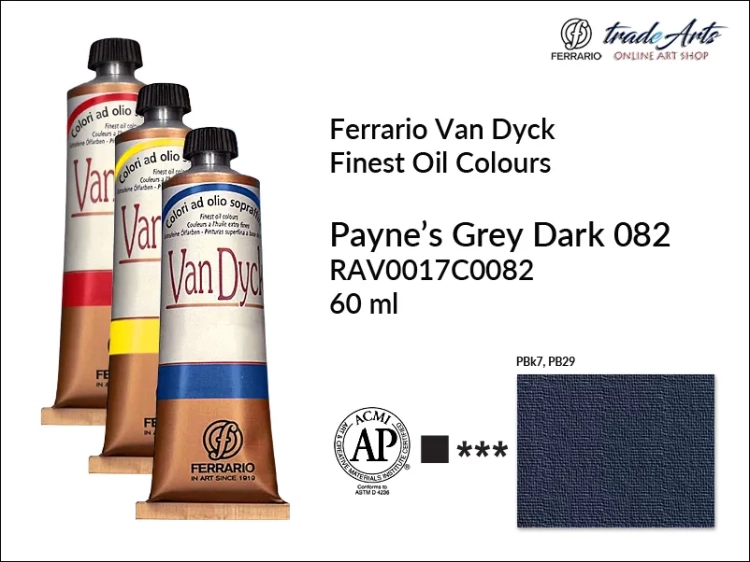 Van Dyck Oil Ferrario Finest Oil Colour - Payne's Grey Dark 082, farba olejna Van Dyck Oil Ferrario - Payne's Grey Dark 082 tuba 60 ml, Van Dyck Ferrario farba olejna tuba 60 ml, farby, farby olejne, Van Dyck Ferrario,